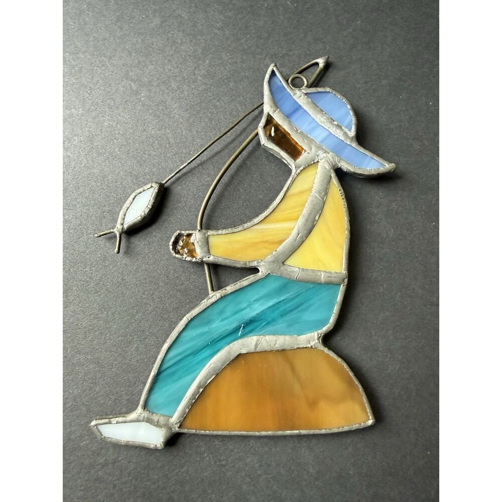 Vintage Stained Glass Fisherman Suncatcher Ornament Coastal Metal Frame 5”